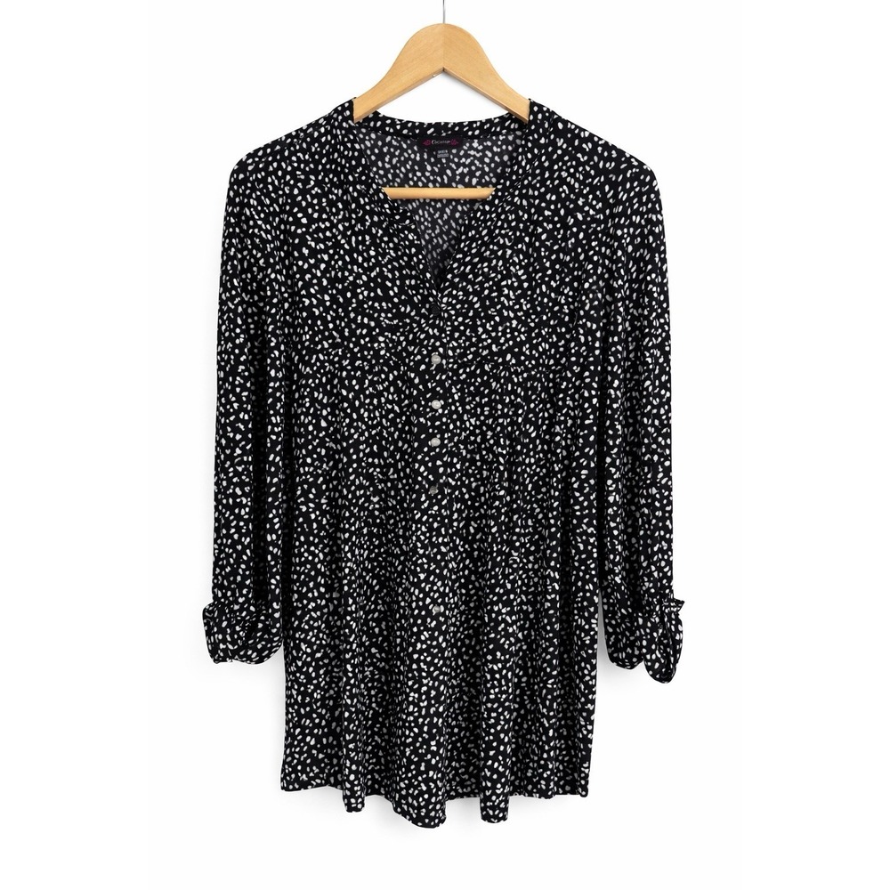 Cocomo Popover Top Flowy Stretch Knit‎ Black White Print 3/4 Sleeves Size XL
